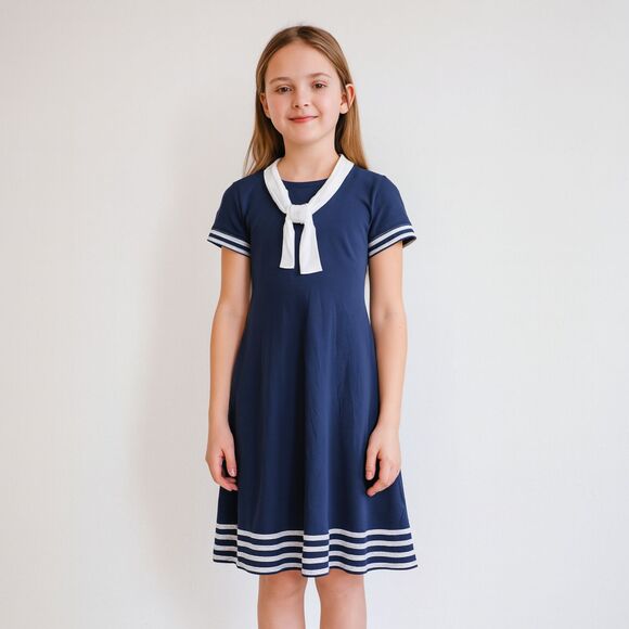 Junior Gaultier Girls Navy Sailor Dress 8A – Nautical Stripe Preppy Classic - Picture 1 of 8